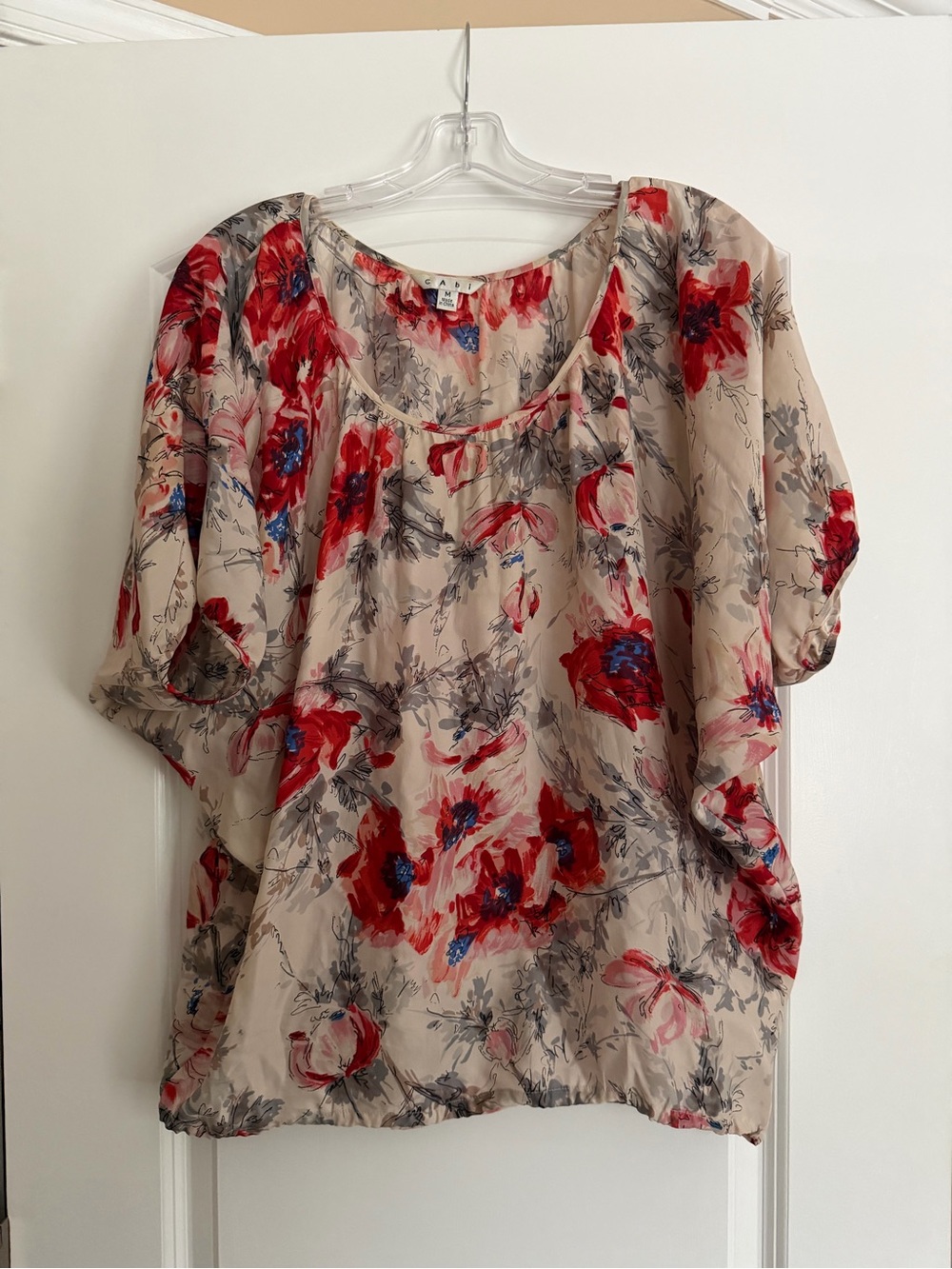 CAbi Beige Floral Scoop-Neck Blouse with Red & Blue Accents